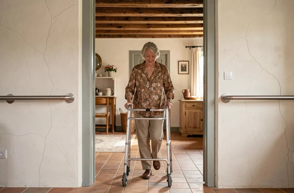 Femme âgée utilisant un déambulateur pour franchir une porte élargie dans une maison ancienne rénovée aux normes d'accessibilité
