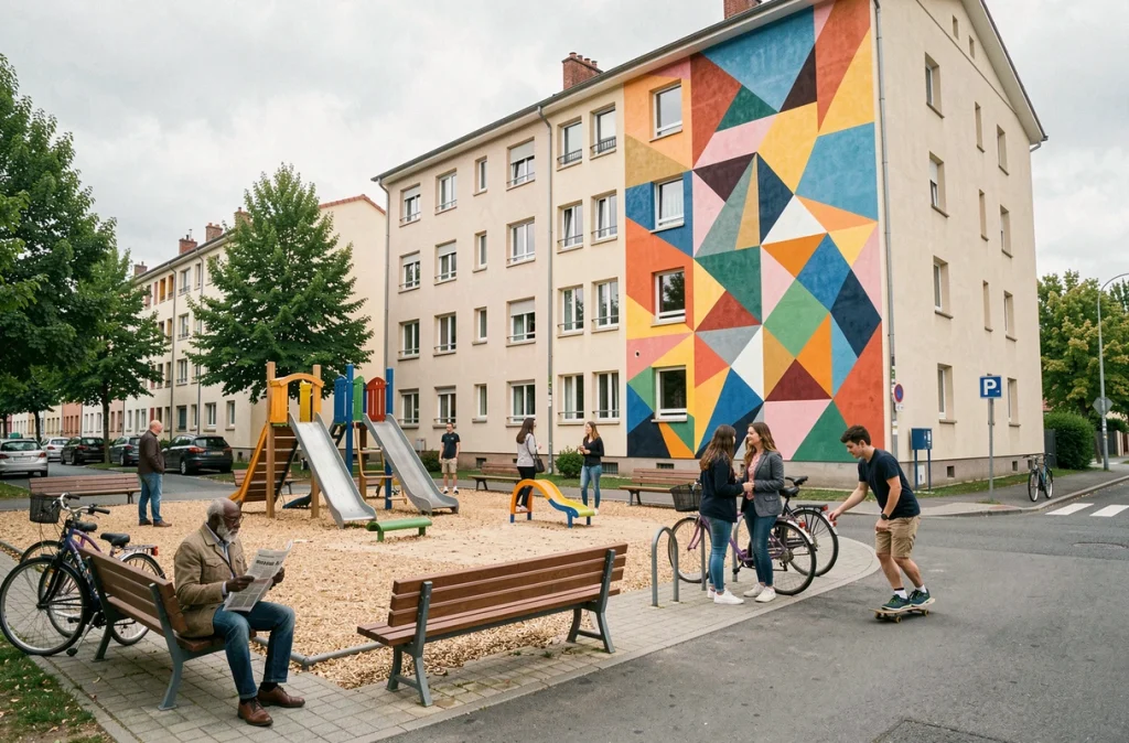 Place publique réaménagée du Quartier Nord de Villeneuve-Saint-Georges avec des résidents de tous âges profitant des nouveaux espaces communs et d'une fresque murale colorée