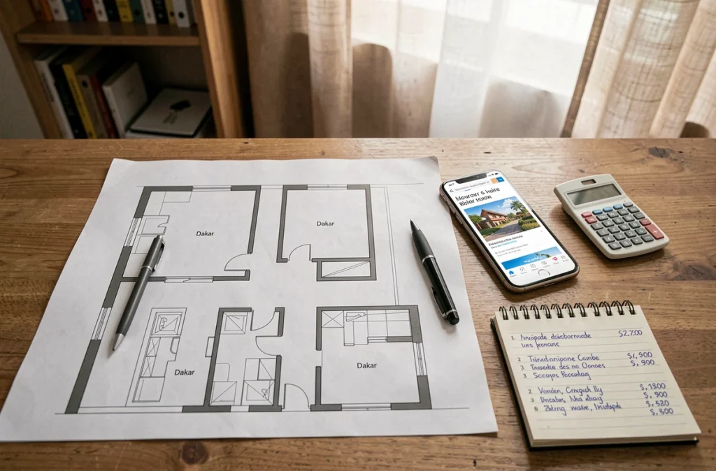 Vue aérienne d'un bureau avec plan d'appartement, notes de prix et smartphone affichant une annonce immobilière à Dakar
