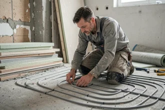 Artisan posant des câbles de plancher chauffant électrique sur un sol en béton lors d'une rénovation de salle de bain