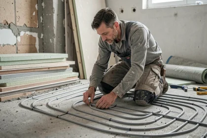 Artisan posant des câbles de plancher chauffant électrique sur un sol en béton lors d'une rénovation de salle de bain