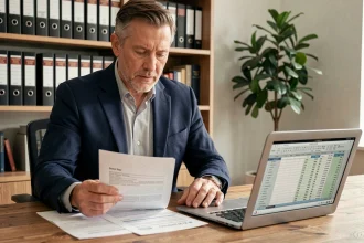 Propriétaire examinant des documents fiscaux liés à la location meublée non professionnelle dans un bureau à domicile