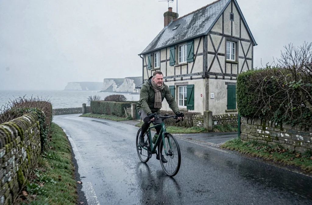 Homme à vélo sur une route côtière normande en hiver devant une maison à colombages, illustrant la vie quotidienne en résidence principale en Normandie