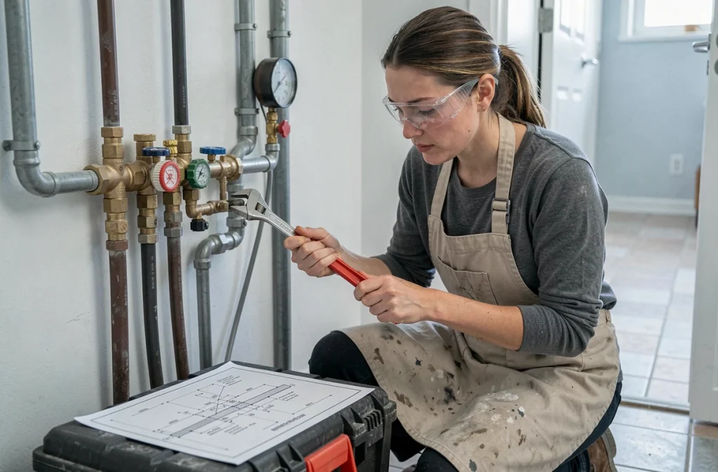 Femme technicienne raccordant le collecteur d'un plancher chauffant hydraulique dans une chaufferie lors d'une rénovation