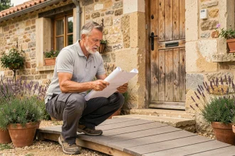 Artisan installant une rampe d'accès en bois à l'entrée d'une maison traditionnelle en pierre pour l'adapter aux normes d'accessibilité PMR