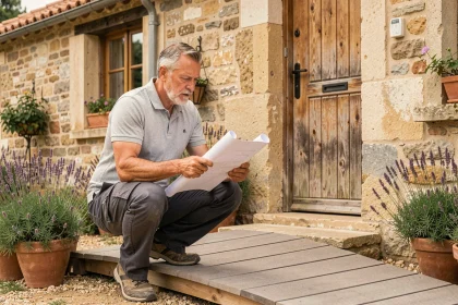 Artisan installant une rampe d'accès en bois à l'entrée d'une maison traditionnelle en pierre pour l'adapter aux normes d'accessibilité PMR
