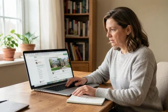 Femme recherchant le propriétaire d'une maison gratuitement sur internet depuis son bureau à domicile