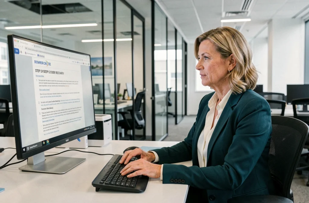Femme suivant les étapes de récupération de compte sur un ordinateur de bureau en environnement professionnel