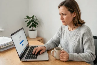 Femme réinitialisant son mot de passe sur un espace client en ligne depuis son bureau à domicile