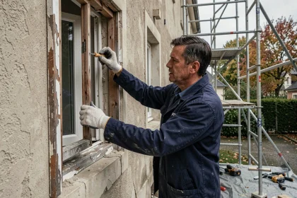 Artisan remplaçant une ancienne huisserie en bois sur une façade de maison pour améliorer l'isolation thermique
