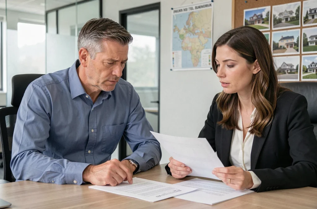 Primo-acquéreur en rendez-vous avec un agent immobilier spécialisé dans les propriétés sur coteaux