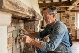 Artisan rénovant l'intérieur en brique d'une ancienne cheminée en pierre dans une maison de campagne française
