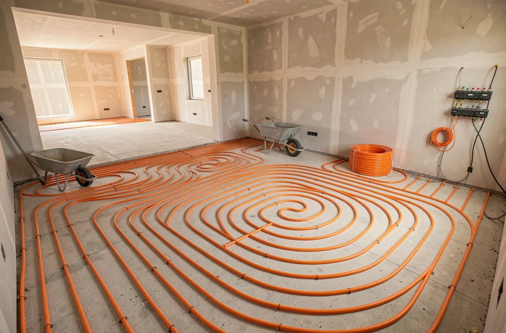 Vue large d'un réseau de tuyaux de plancher chauffant hydraulique installé dans un salon en cours de rénovation complète