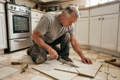 Homme en train de retirer un carrelage fissuré dans une cuisine avec un burin et une scie à joints
