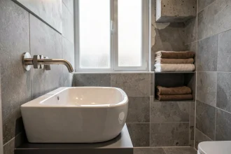 Robinet basse consommation en nickel brossé au-dessus d'un lavabo en céramique blanche dans une salle de bain moderne rénovée avec carrelage en grès cérame gris