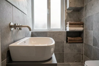 Robinet basse consommation en nickel brossé au-dessus d'un lavabo en céramique blanche dans une salle de bain moderne rénovée avec carrelage en grès cérame gris