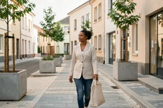 Femme se promenant dans une rue piétonne rénovée du Quartier Nord de Villeneuve-Saint-Georges, illustrant le renouveau urbain du quartier