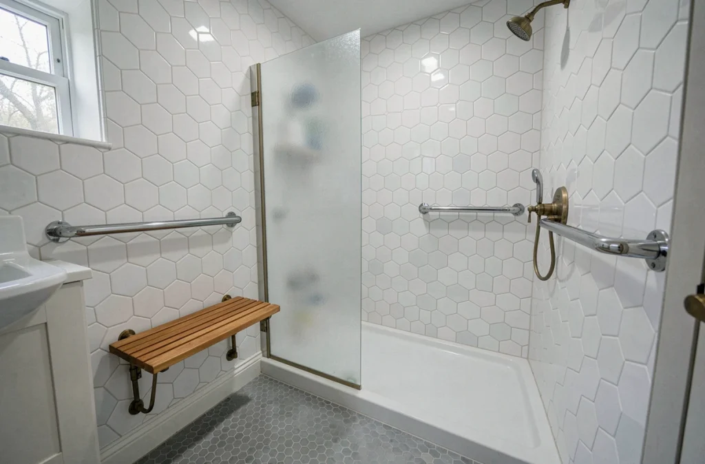 Salle de bain adaptée PMR dans une maison ancienne avec douche à l'italienne, banc rabattable et barres d'appui pour l'accessibilité
