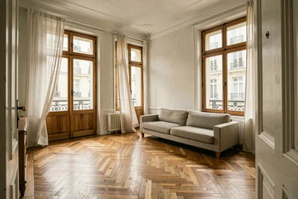 Salon d'appartement haussmannien rénové avec grandes fenêtres à bois restaurées et parquet en chevrons optimisant la lumière naturelle