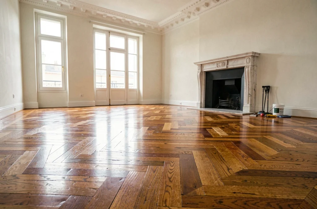 Vue grand angle d'un salon avec parquet ancien entièrement vitrifié et restauré reflétant une cheminée en marbre
