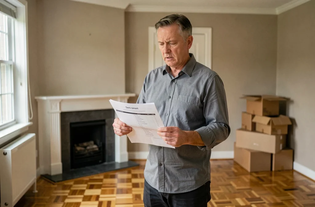Vendeur immobilier lisant une fiche de prix de vente avec honoraires inclus dans un salon de maison à vendre