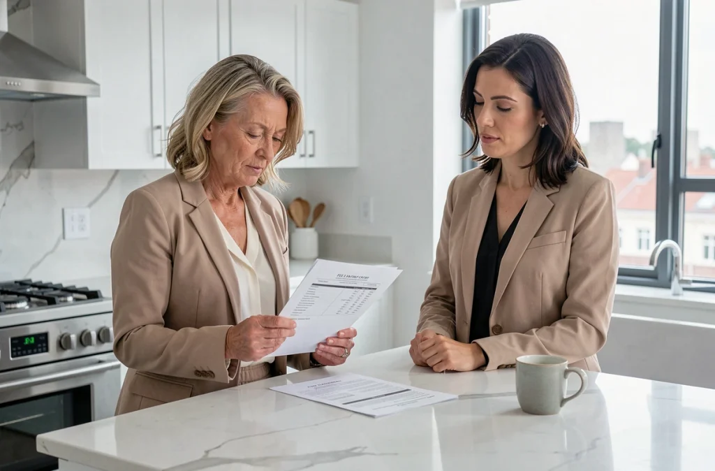 Une vendeuse immobilière discute des honoraires d'agence avec son agent dans un appartement à vendre