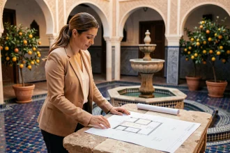 Femme professionnelle de l'immobilier examinant des plans dans un riad traditionnel du centre-ville de Marrakech