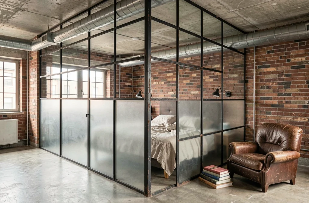 Verrière intérieure avec panneaux en verre dépoli séparant chambre et coin lecture dans un loft industriel