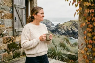 Femme vivant à l'année dans une maison normande en bord de mer, tenant un café sur sa terrasse en pierre face à l'Atlantique en automne