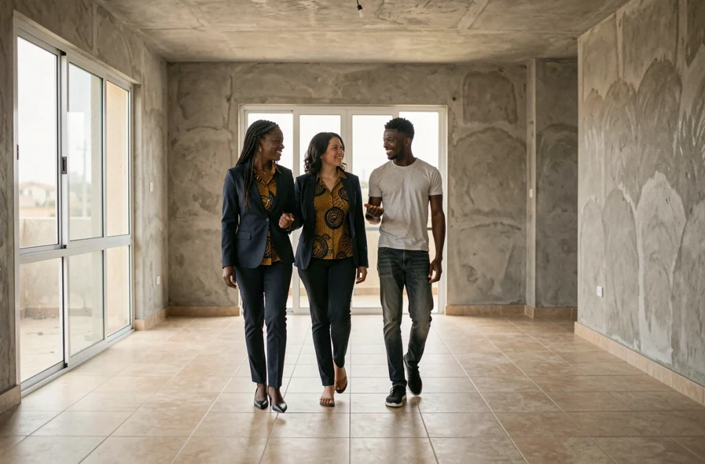 Agent immobilière présentant un appartement vide à un couple à Dakar lors d'une visite de bien immobilier