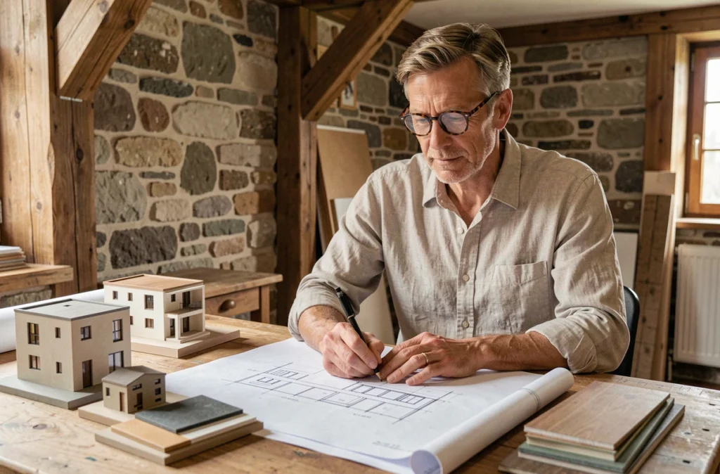 Architecte de l'Atelier De Creation Vosgien dessinant des plans de maison sur mesure dans son atelier