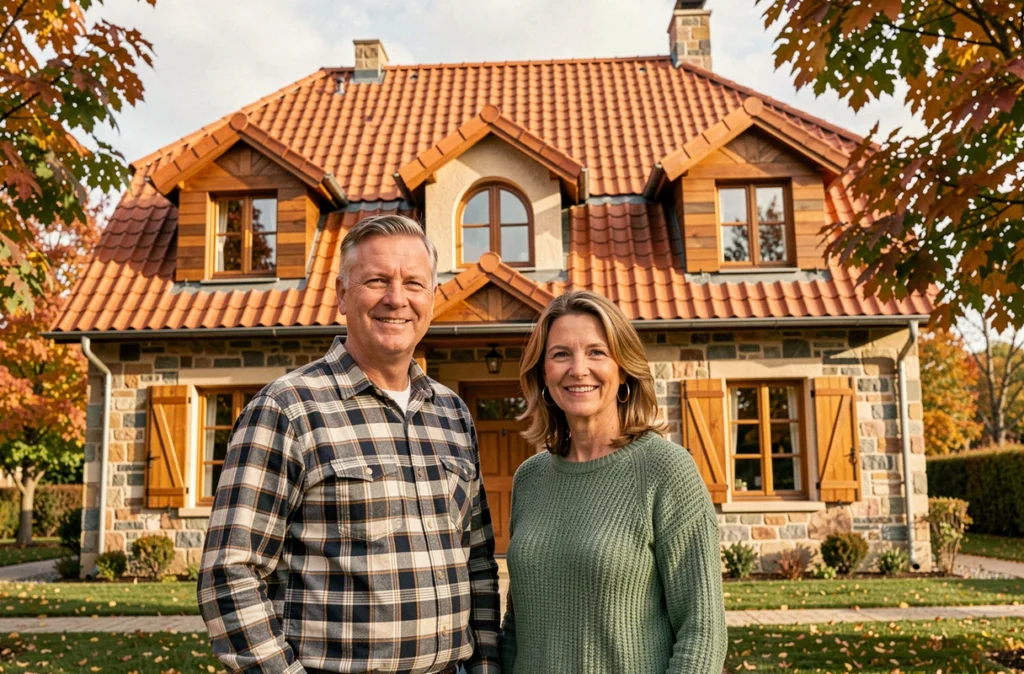 Couple de propriétaires devant leur maison traditionnelle vosgienne construite par Bienaime - Roy