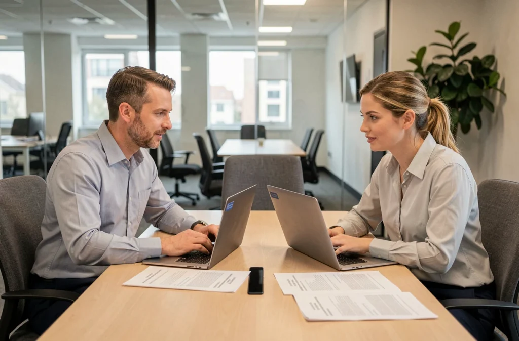 Deux professionnels de l'immobilier comparant des logiciels de diagnostic immobilier en salle de réunion