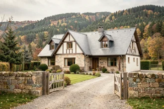 Vue large d'une maison individuelle neuve dans les Vosges avec collines boisées en arrière-plan