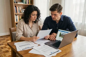 Couple étudiant des documents immobiliers et un dossier de prêt pour acheter une maison