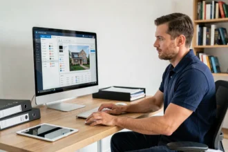 Diagnostiqueur immobilier consultant un logiciel de diagnostic sur ordinateur dans un bureau professionnel