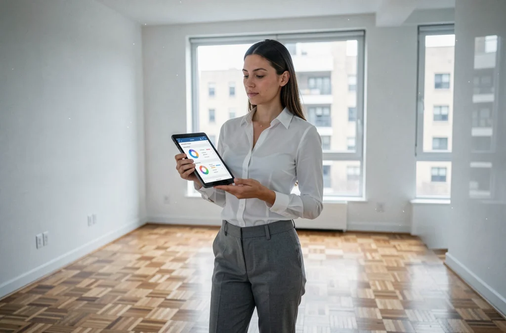 Diagnostiqueure immobilière utilisant une tablette avec logiciel de diagnostic dans un appartement vide