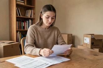 Jeune femme étudiante consultant un dossier de location sans fiche de paie dans son appartement