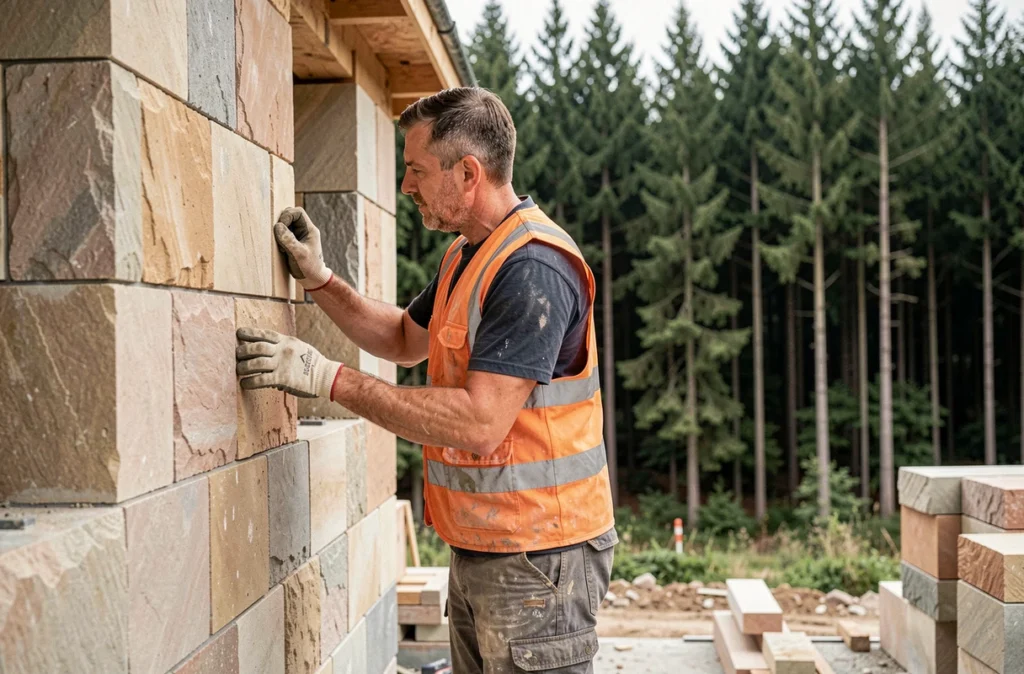 Maçon de l'entreprise Guiot posant des pierres de grès vosgien sur une maison individuelle en construction