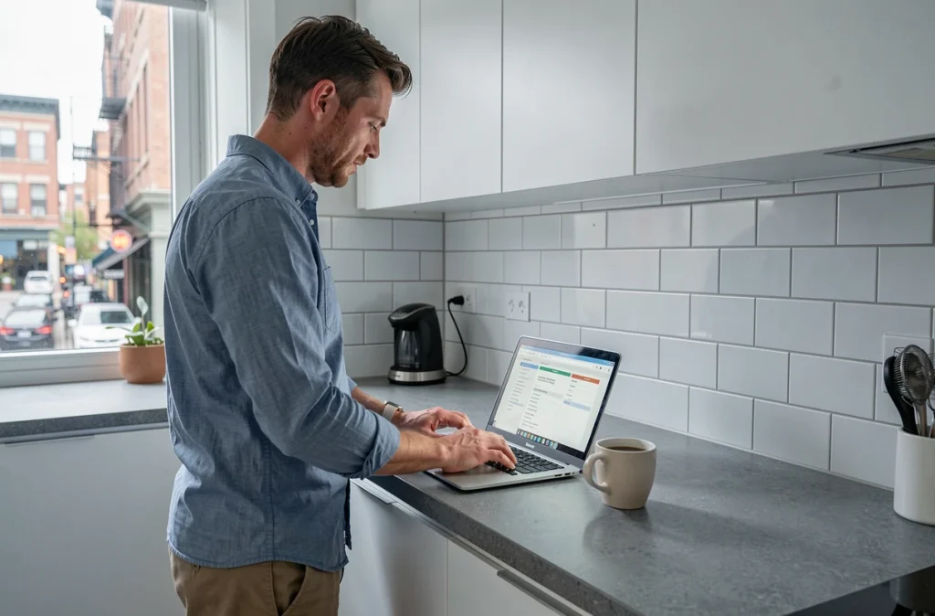 Homme en CDD utilisant un ordinateur portable pour remplir un dossier de location en ligne dans un appartement partagé