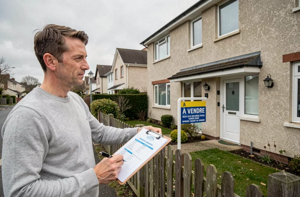 Homme inspectant une maison à vendre avec une checklist lors d'un projet d'achat immobilier