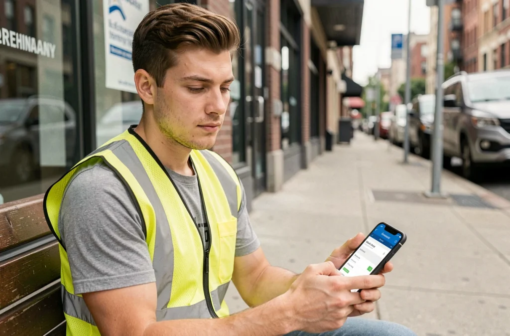 Travailleur intérimaire consultant une application de location immobilière sur smartphone devant une agence d'emploi