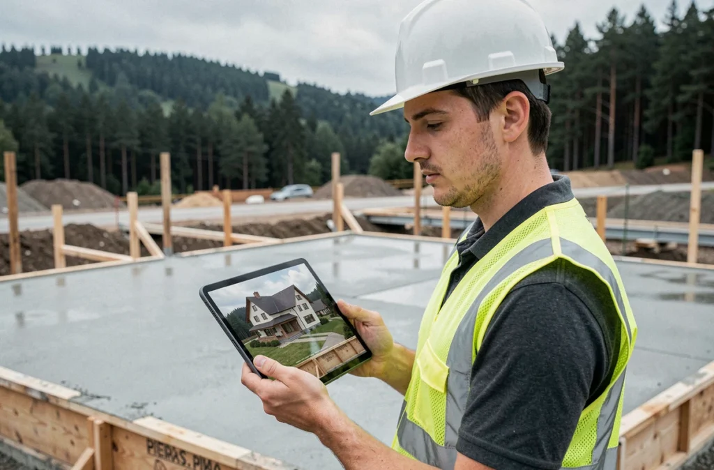 Ingénieur de Ka-konstruction consultant un modèle 3D sur tablette sur un chantier vosgien