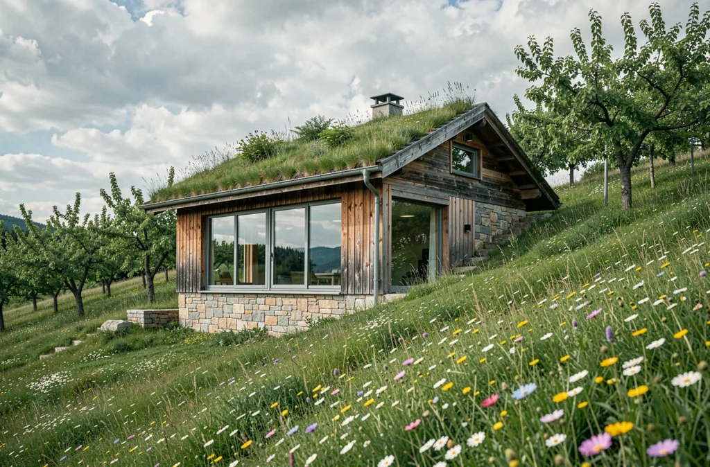 Maison écologique avec toiture végétalisée et bardage bois construite par Maison Naturea dans les Vosges