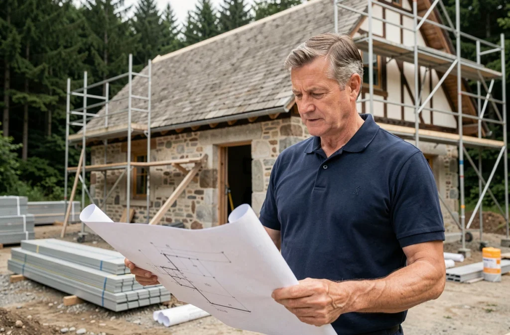 Architecte de Maisons Gico SCOP ARL examinant des plans sur un chantier de construction vosgien