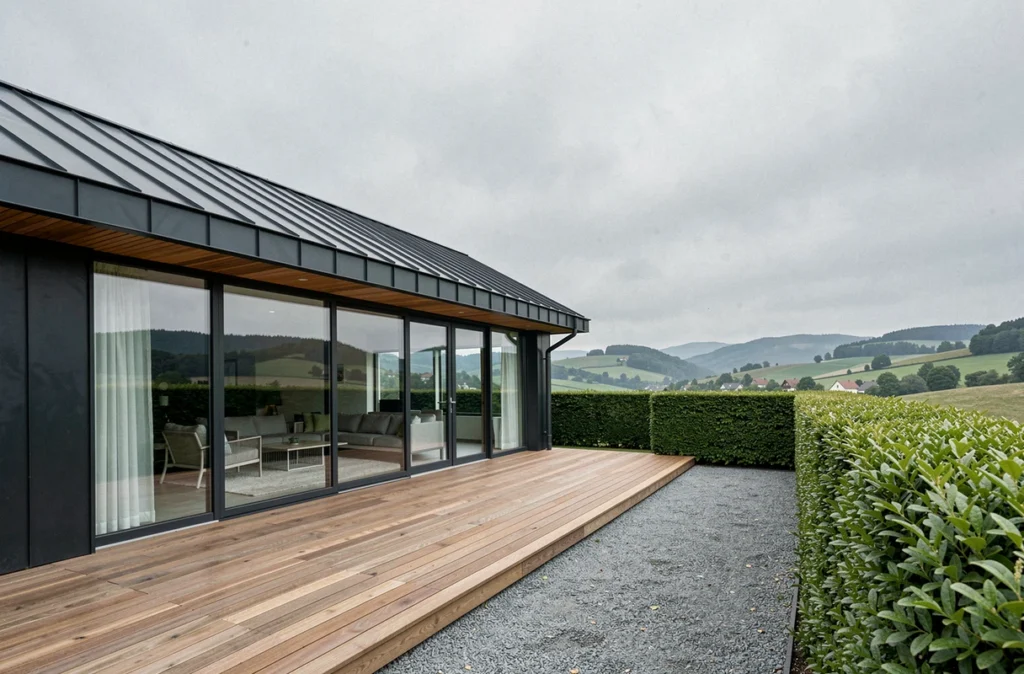 Maison contemporaine avec terrasse en bois construite par Maisons Moyse dans une vallée vosgienne