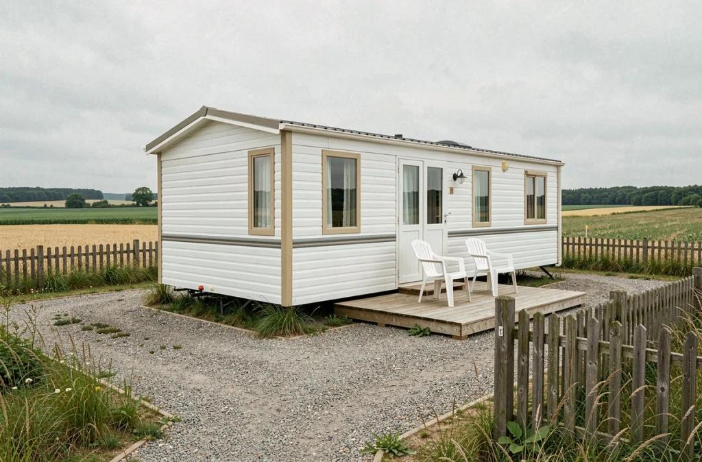 Mobil home installé sur terrain privé en zone rurale avec vue sur champs agricoles et clôture en bois