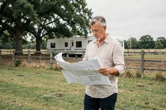 Propriétaire foncier consultant un document PLU devant un mobil home installé sur terrain privé en zone rurale