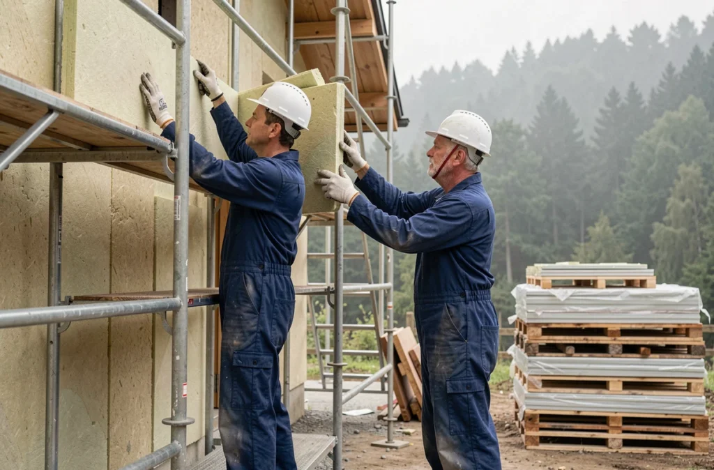 Ouvriers de Sarl Lorraine Batiment Service posant des panneaux isolants sur une maison vosgienne