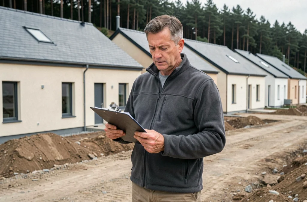 Chef de projet Socoren inspectant une résidence neuve de maisons individuelles dans les Vosges